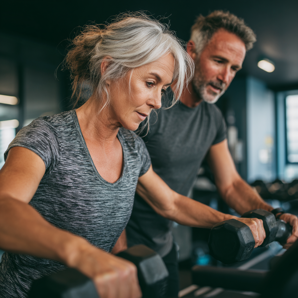 experienced fitness trainer working with mature adult client