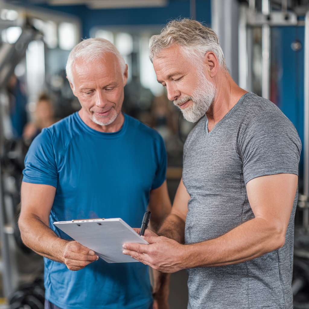 mature man exercising with personal trainer in modern fitness facility
